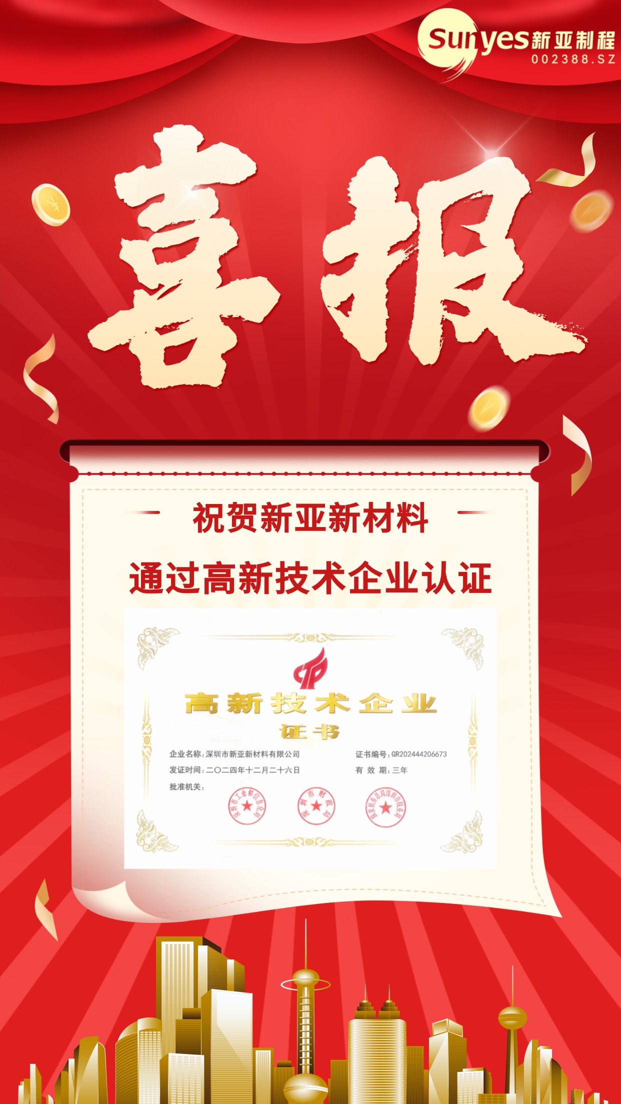 新亞新材料再次榮獲國家級高新技術企業認證 新亞新材料再次榮獲國家級高新技術企業認證
